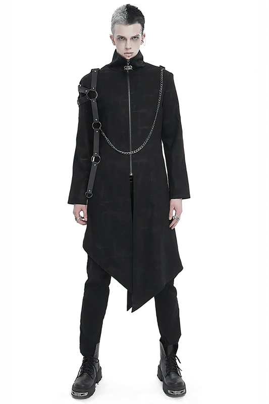 Gothic Skull Zipper Asymmetric Coat with Harness / Stand Collar Men's Coats
