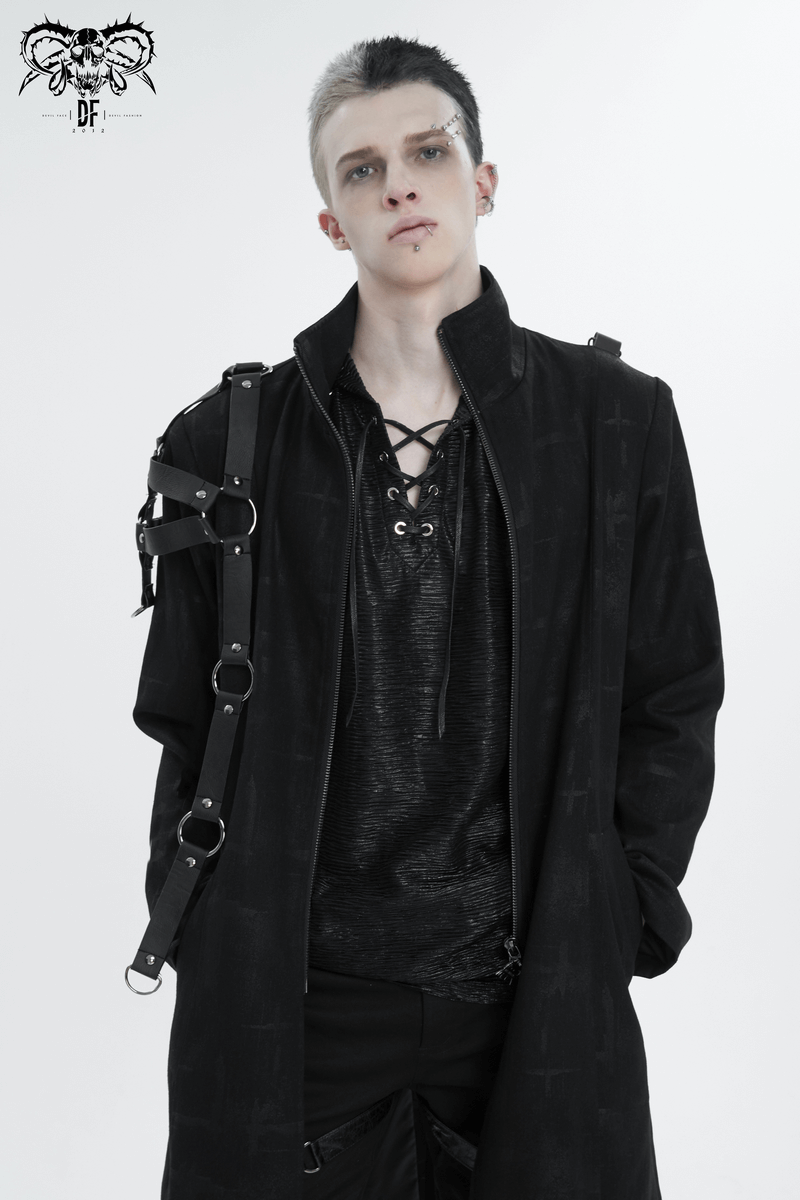 Gothic Skull Zipper Asymmetric Coat with Harness / Stand Collar Men's Coats