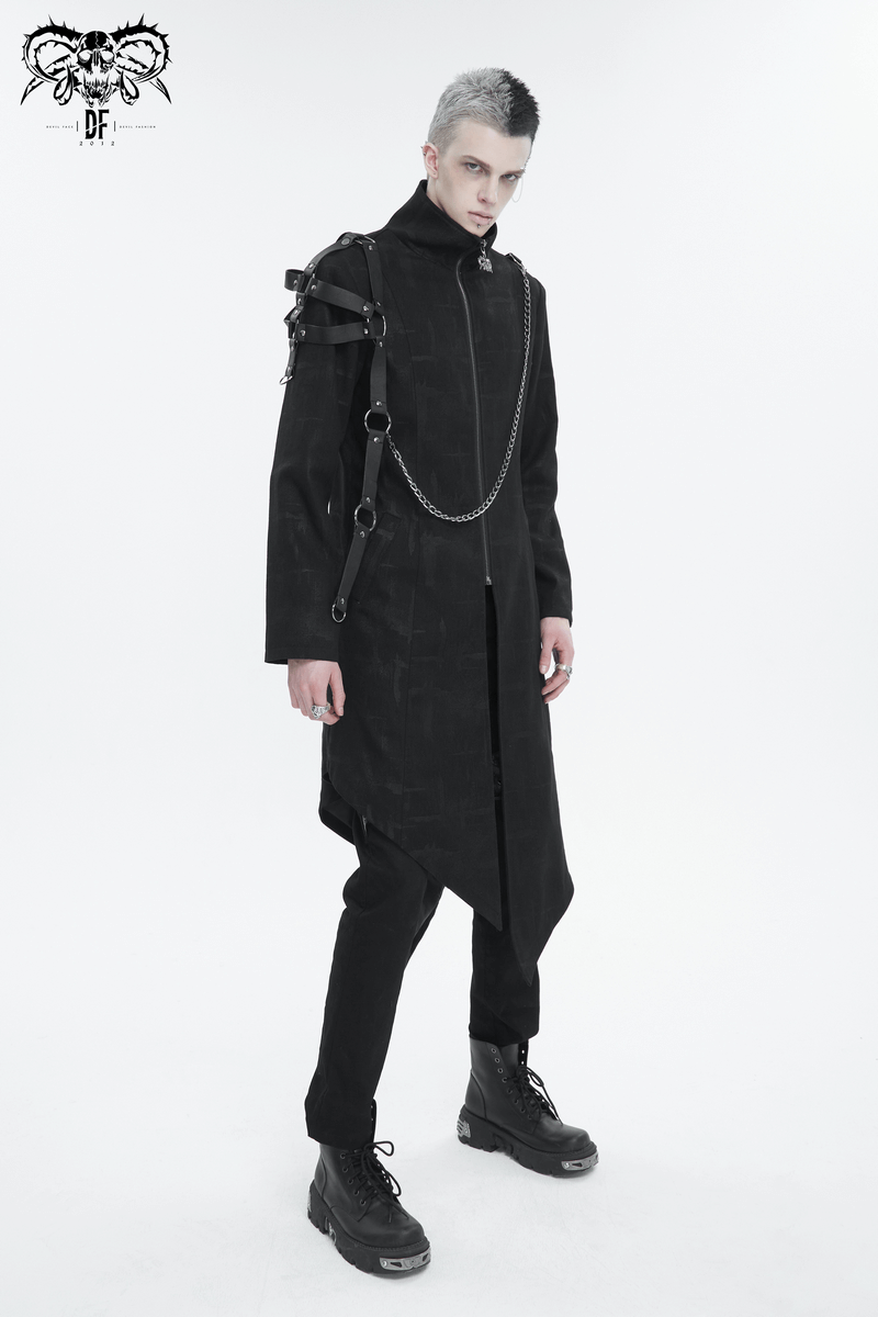 Gothic Skull Zipper Asymmetric Coat with Harness / Stand Collar Men's Coats