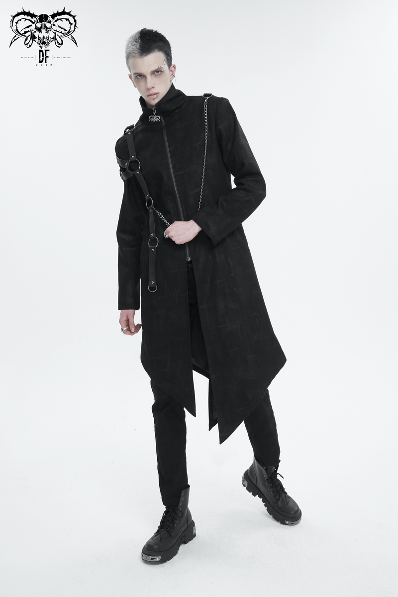 Gothic Skull Zipper Asymmetric Coat with Harness / Stand Collar Men's Coats