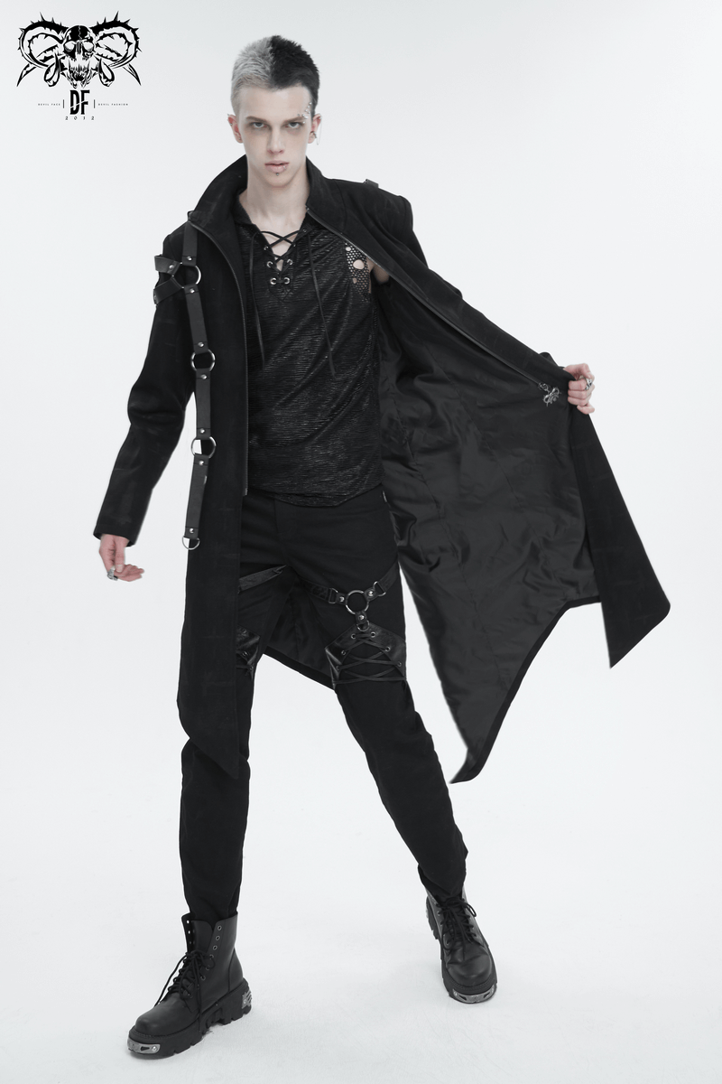 Gothic Skull Zipper Asymmetric Coat with Harness / Stand Collar Men's Coats