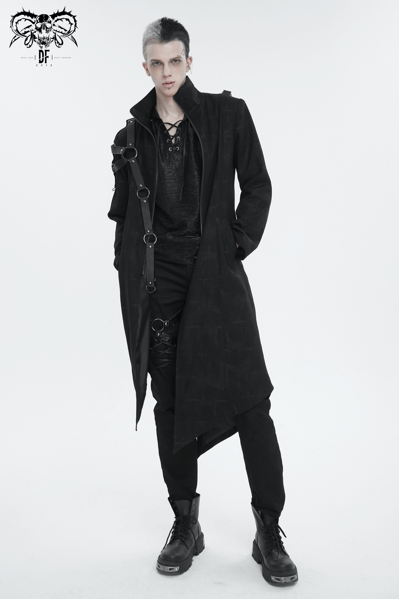 Gothic Skull Zipper Asymmetric Coat with Harness / Stand Collar Men's Coats