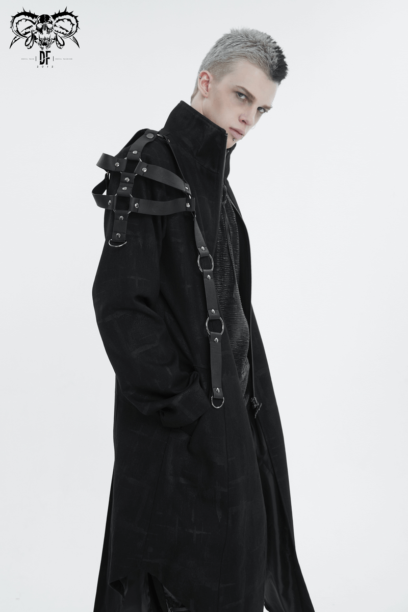 Gothic Skull Zipper Asymmetric Coat with Harness / Stand Collar Men's Coats