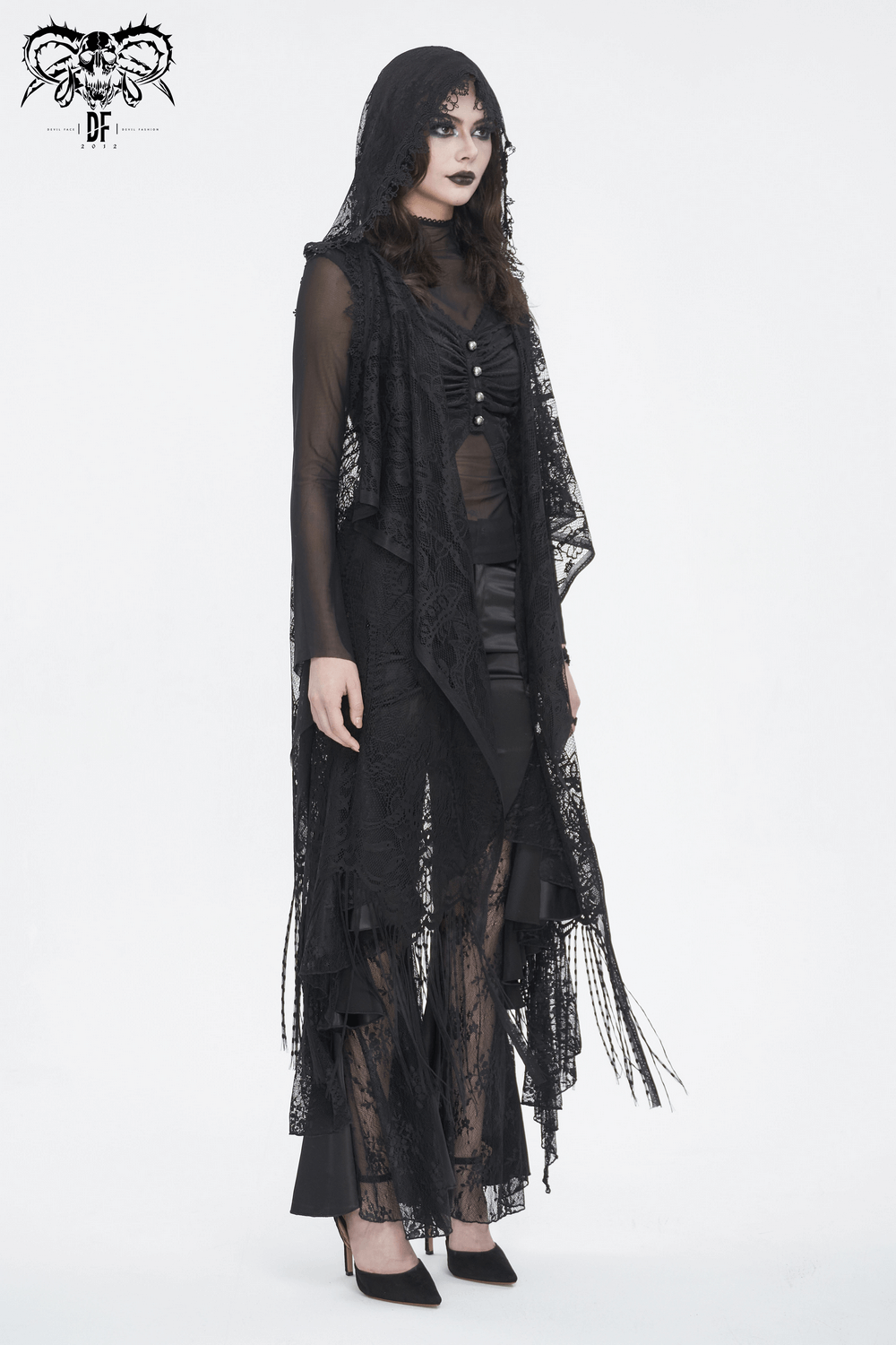 Gothic Sleeveless Hooded Lace Tasseled Cape For Women