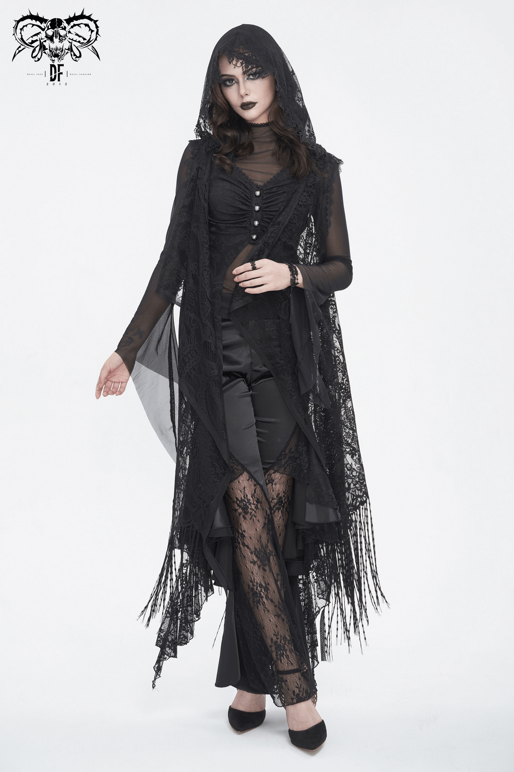 Gothic Sleeveless Hooded Lace Tasseled Cape For Women