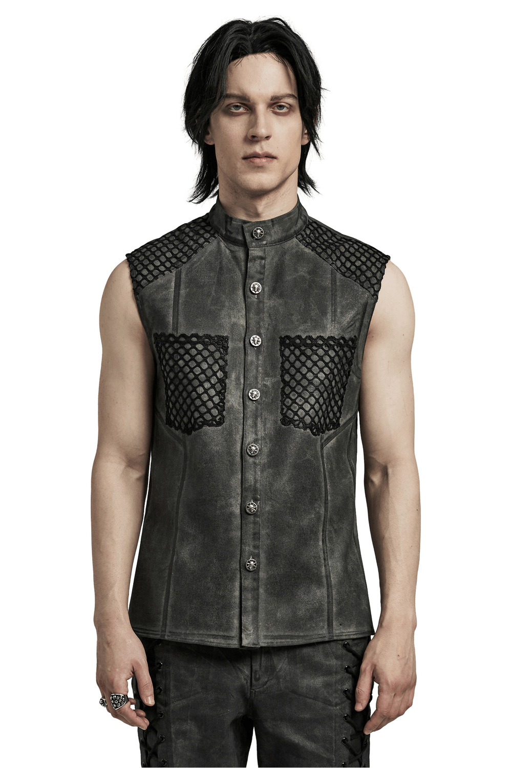 Gothic Sleeveless Shirt with Mesh Detailing and Buttons