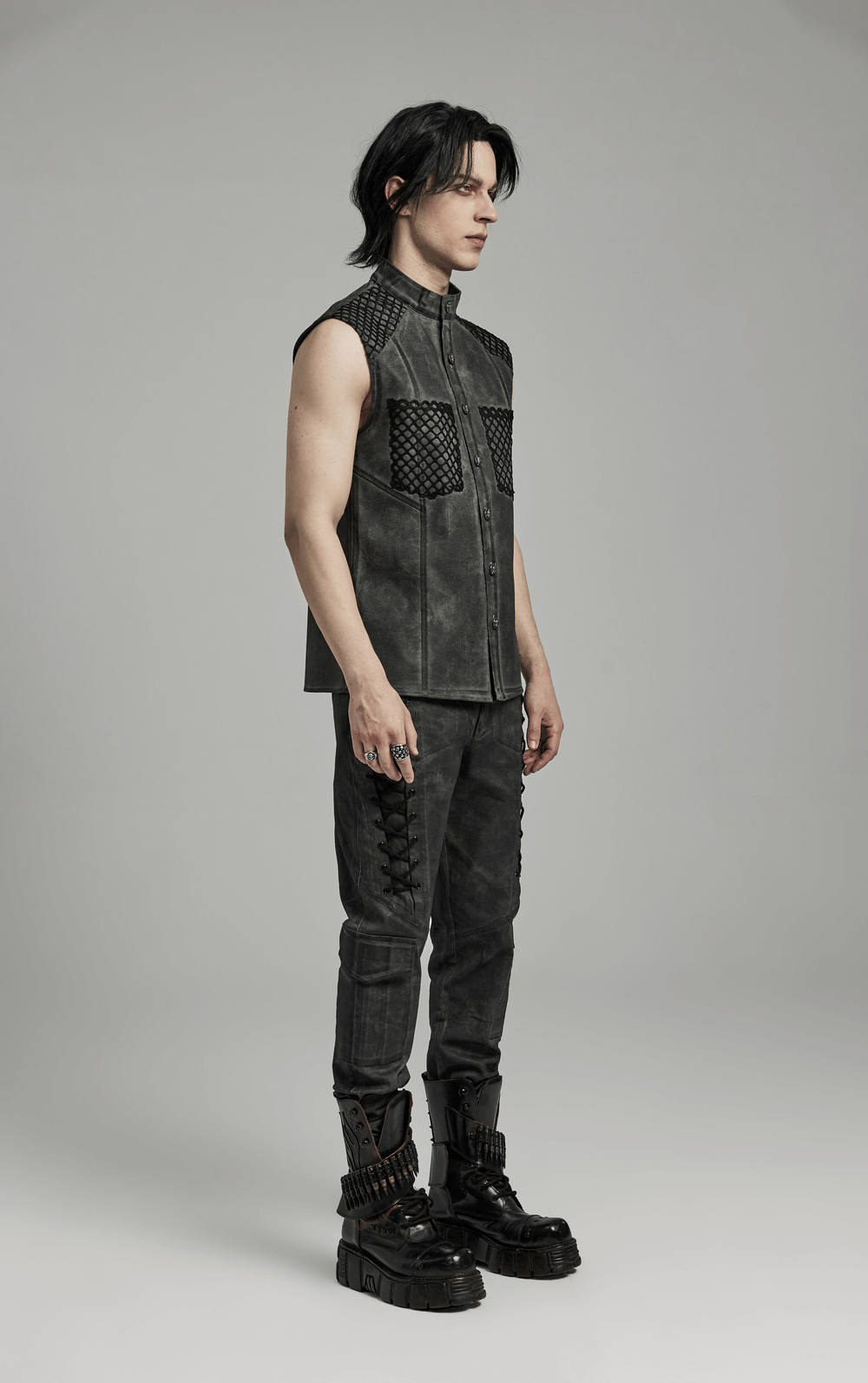 Gothic Sleeveless Shirt with Mesh Detailing and Buttons