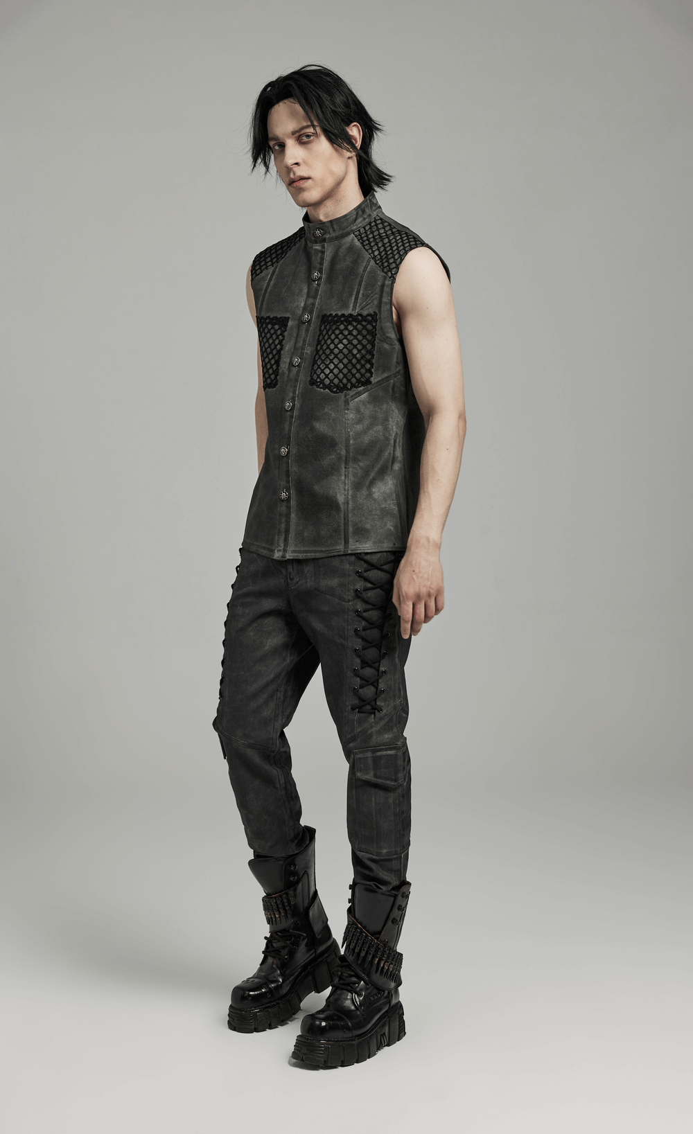 Gothic Sleeveless Shirt with Mesh Detailing and Buttons