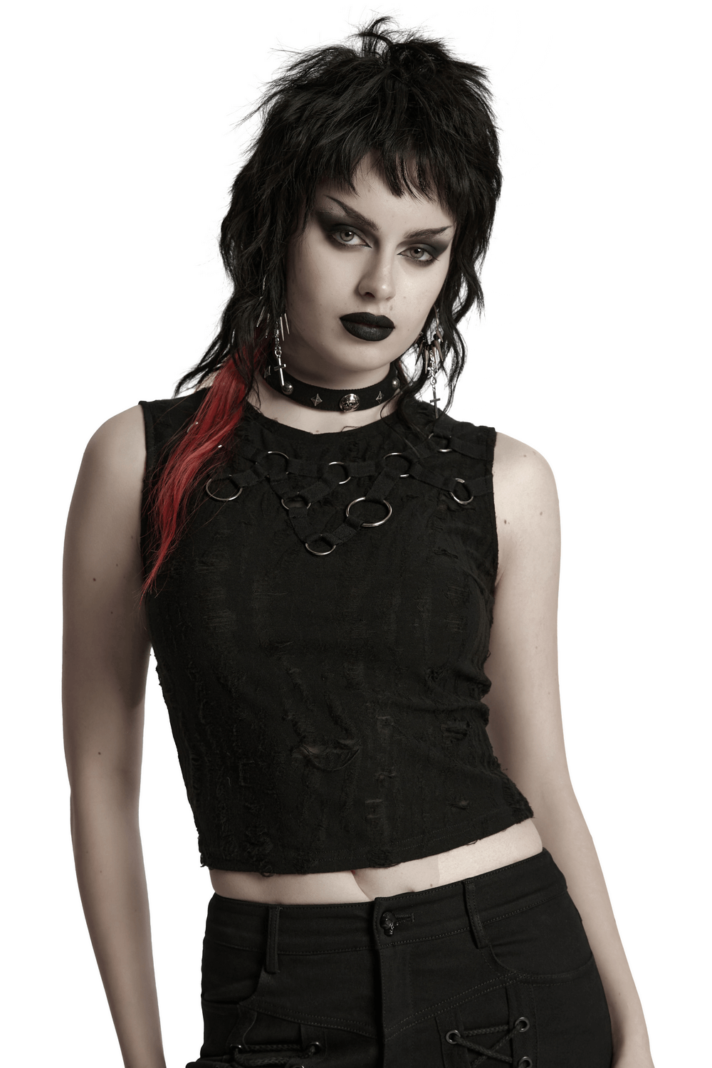 Gothic Sleeveless Top with Iron Rings and Unique Effect