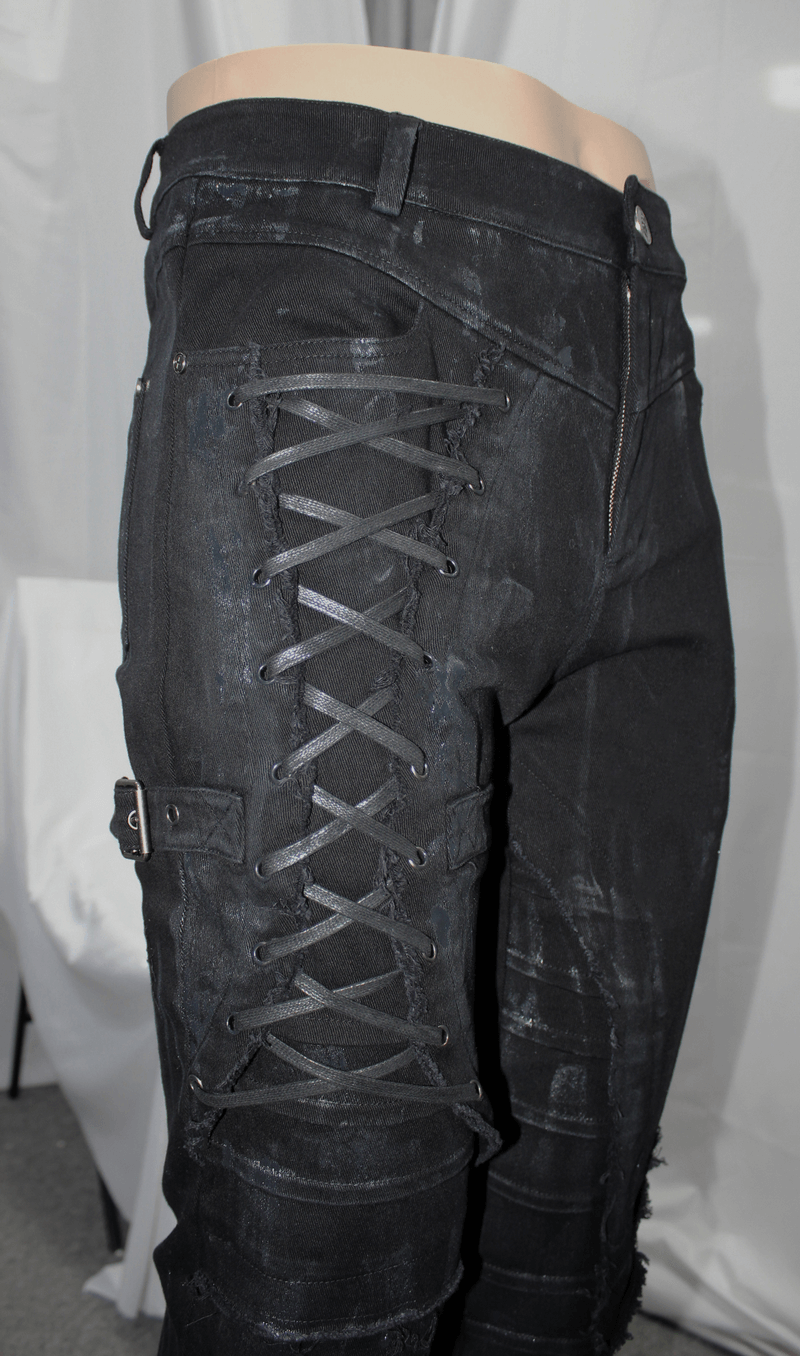 Gothic Slim Fit Pants with Lace-up on Right Leg / Belt Buckle Black Trousers