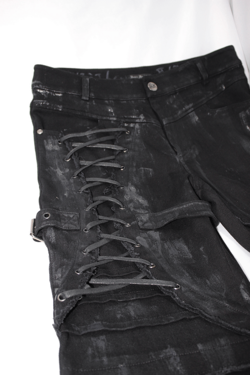 Gothic Slim Fit Pants with Lace-up on Right Leg / Belt Buckle Black Trousers