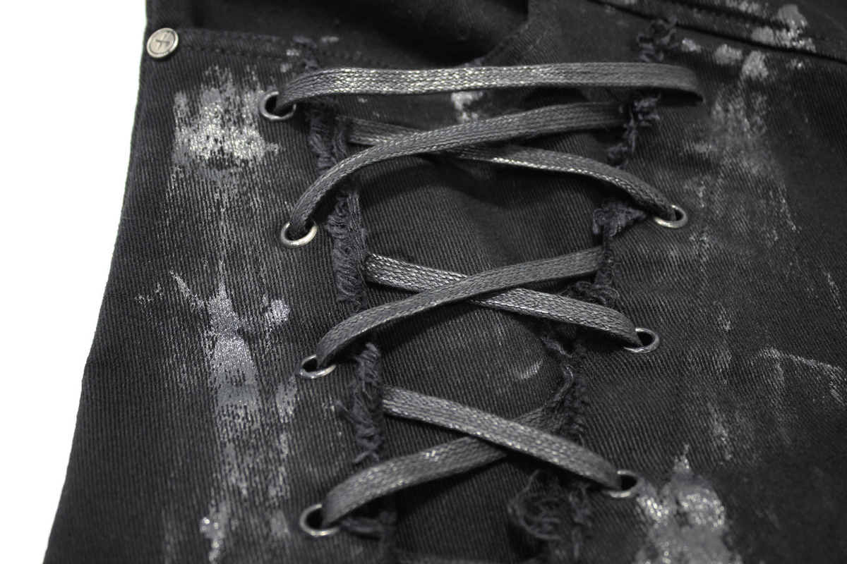 Gothic Slim Fit Pants with Lace-up on Right Leg / Belt Buckle Black Trousers