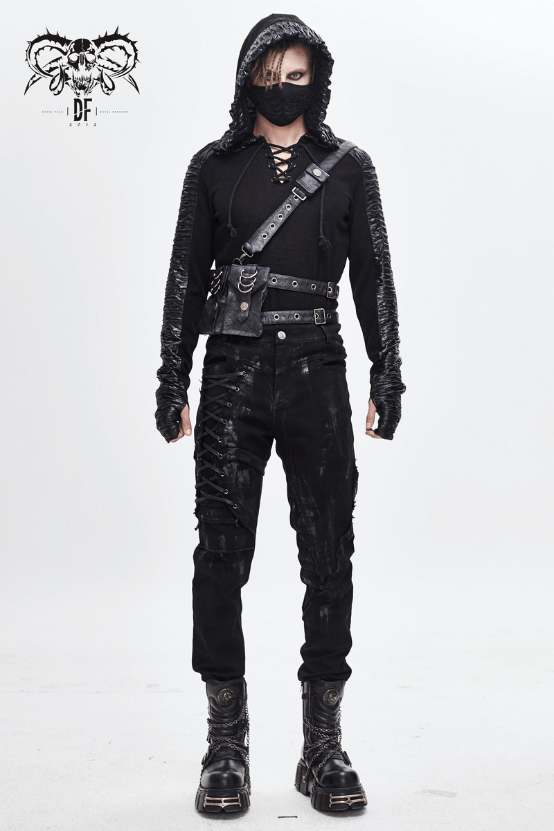 Gothic Slim Fit Pants with Lace-up on Right Leg / Belt Buckle Black Trousers