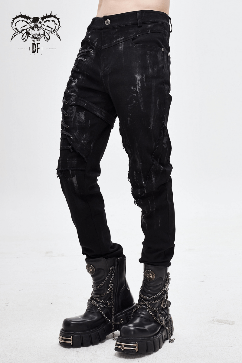 Gothic Slim Fit Pants with Lace-up on Right Leg / Belt Buckle Black Trousers