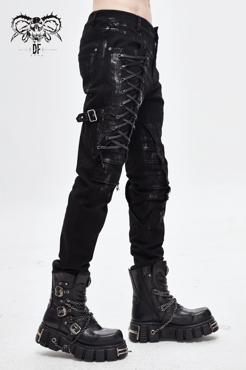 Gothic Slim Fit Pants with Lace-up on Right Leg / Belt Buckle Black Trousers