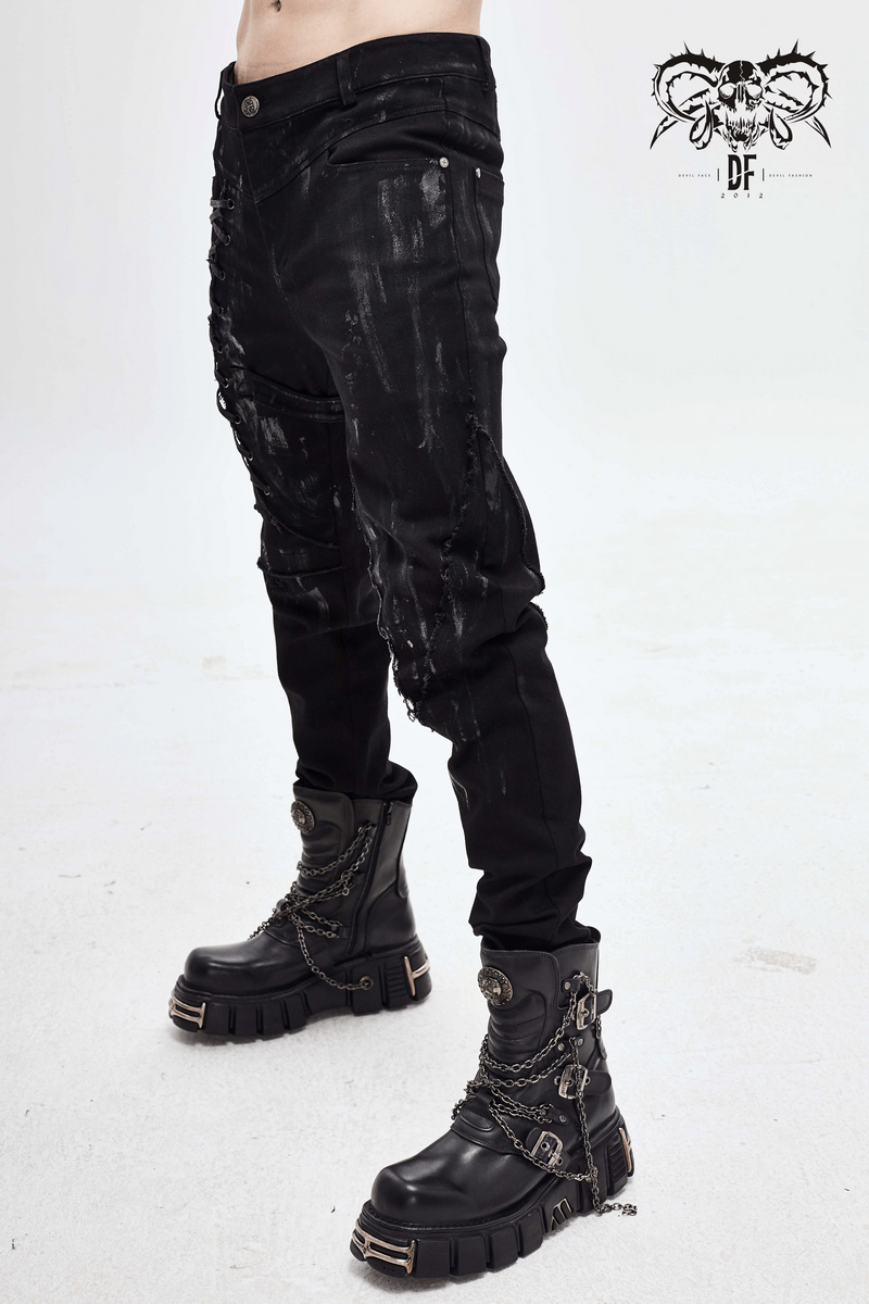 Gothic Slim Fit Pants with Lace-up on Right Leg / Belt Buckle Black Trousers