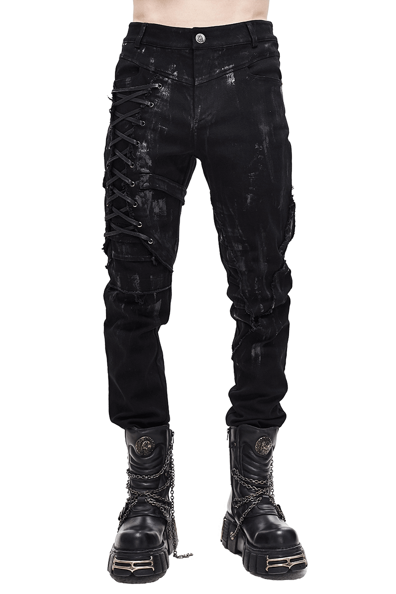 Gothic Slim Fit Pants with Lace-up on Right Leg / Belt Buckle Black Trousers