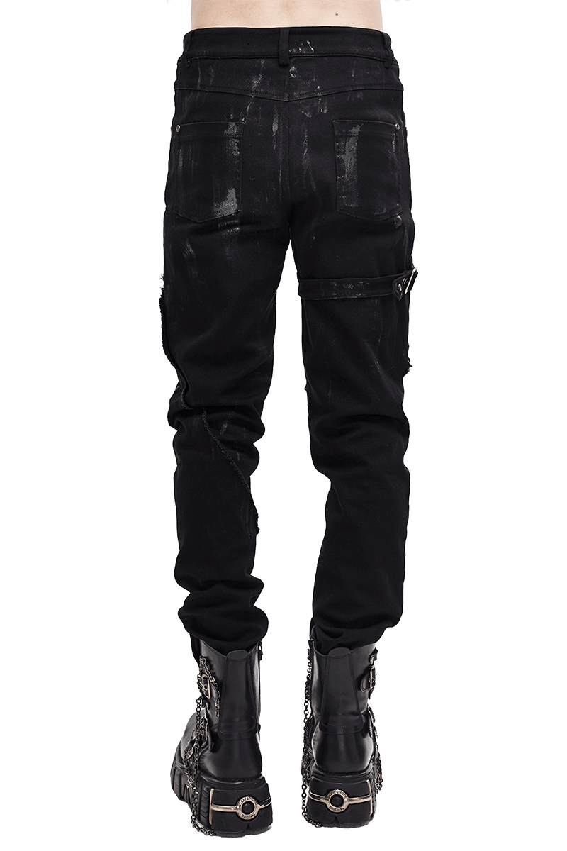Gothic Slim Fit Pants with Lace-up on Right Leg / Belt Buckle Black Trousers