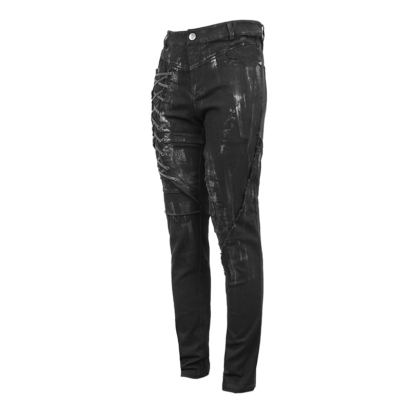 Gothic Slim Fit Pants with Lace-up on Right Leg / Belt Buckle Black Trousers