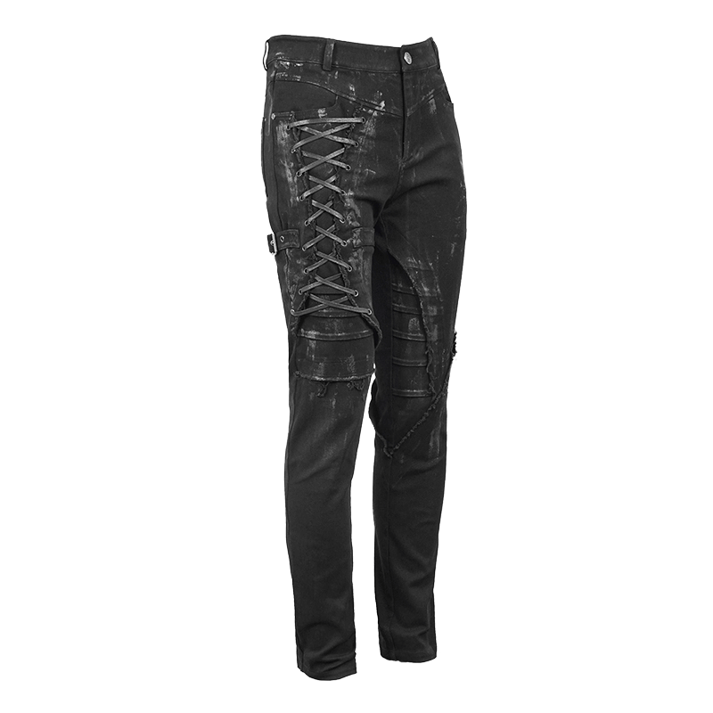Gothic Slim Fit Pants with Lace-up on Right Leg / Belt Buckle Black Trousers