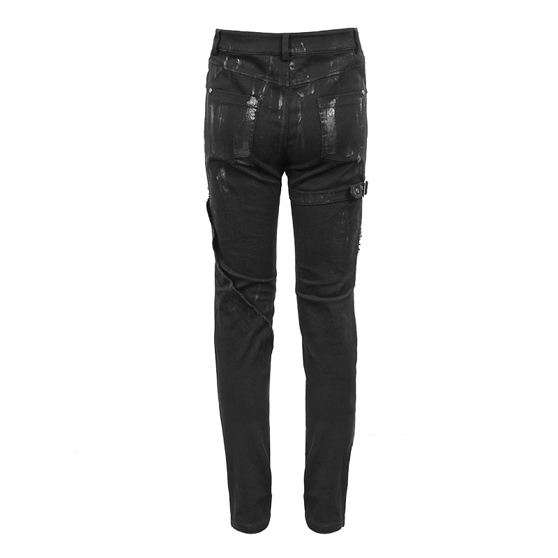 Gothic Slim Fit Pants with Lace-up on Right Leg / Belt Buckle Black Trousers