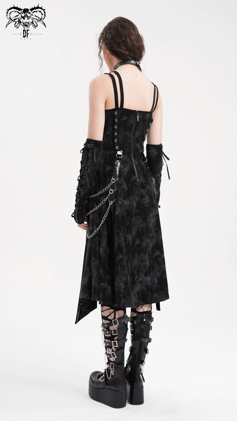 Gothic Slip Dress with Chains and Gloves for Women