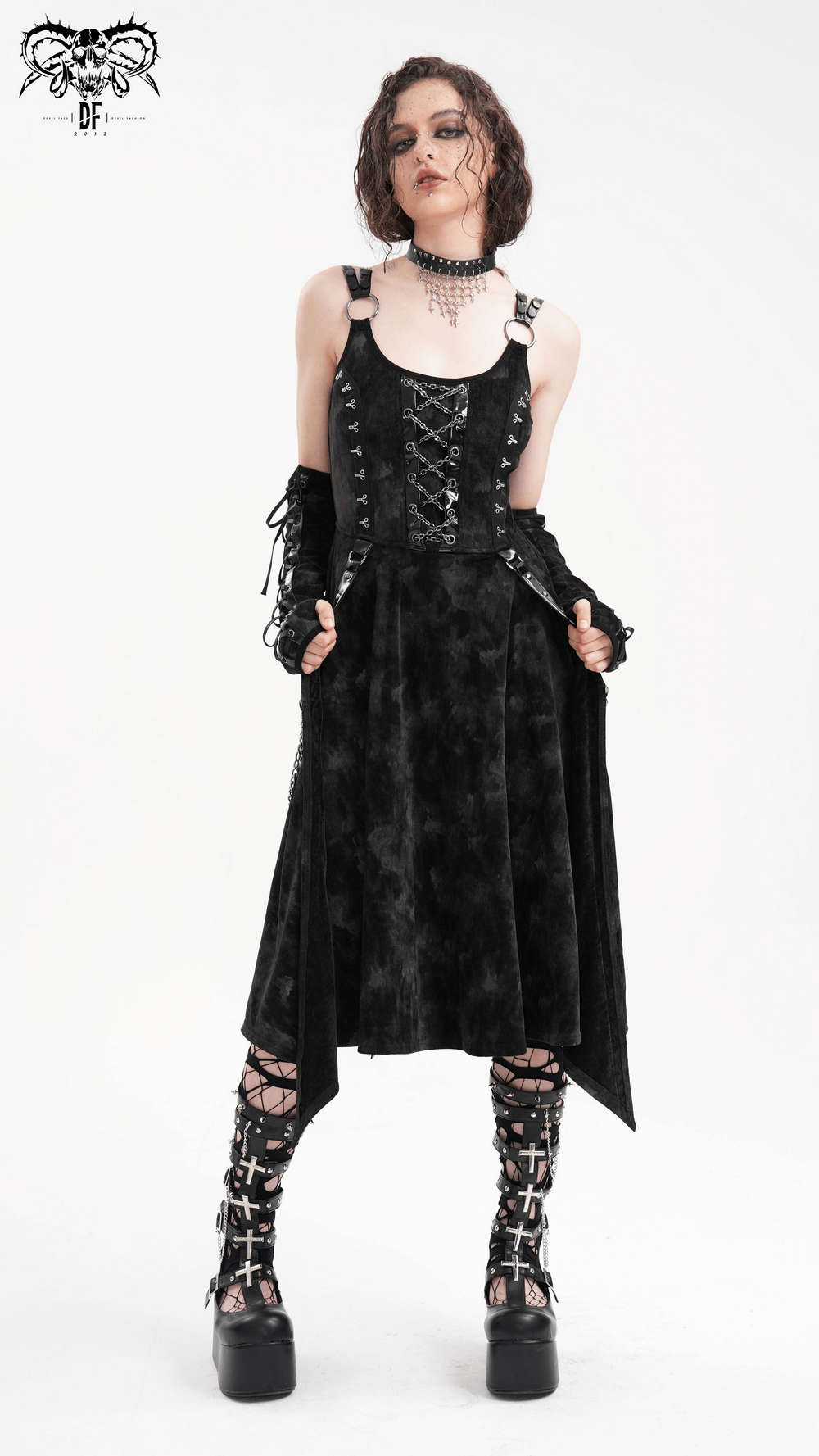 Gothic Slip Dress with Chains and Gloves for Women