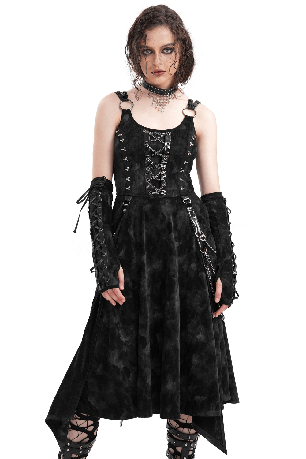 Gothic Slip Dress with Chains and Gloves for Women