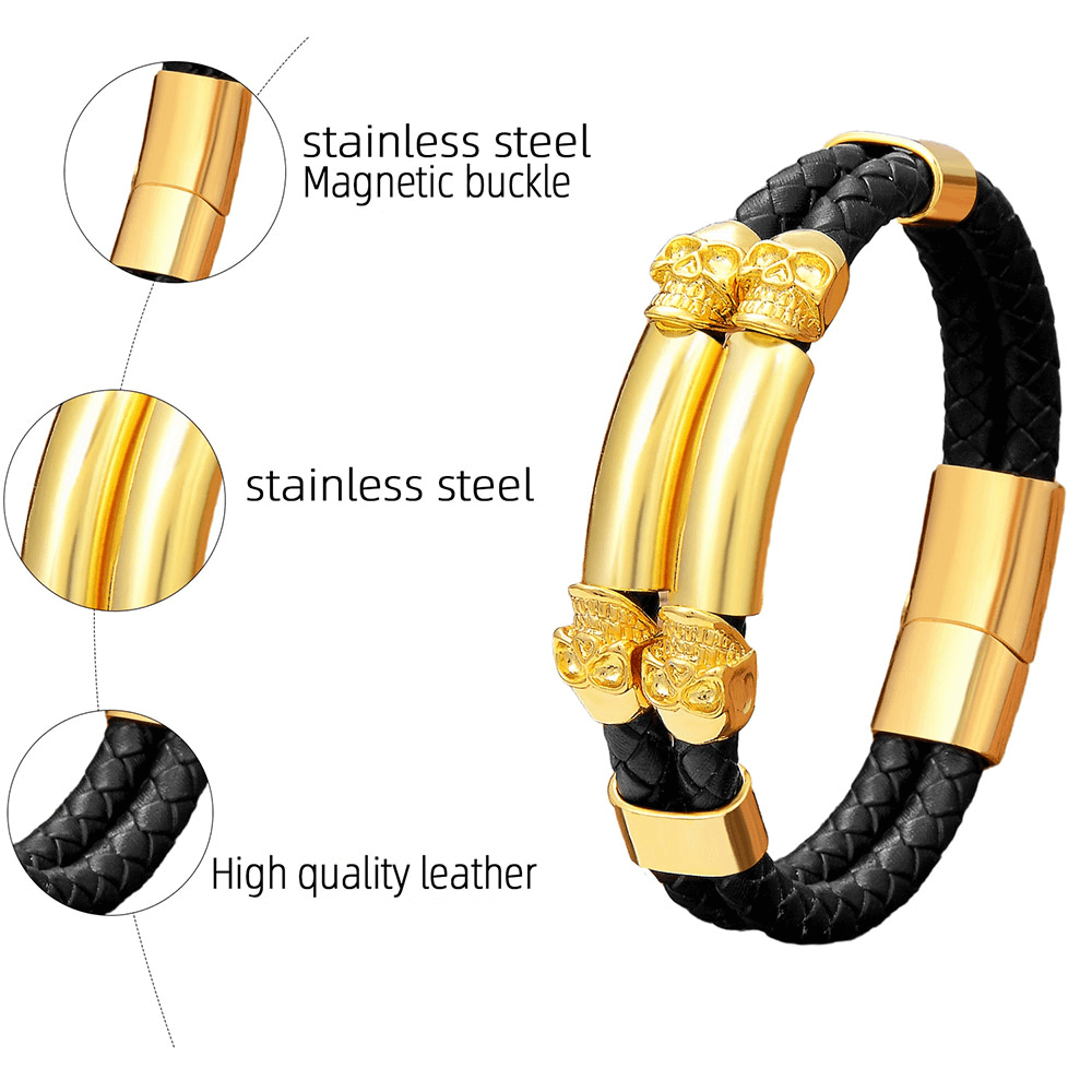 Gothic Stainless Steel Bracelet with Skull / Stylish PU Leather Bangles / Heavy Metal Accessories