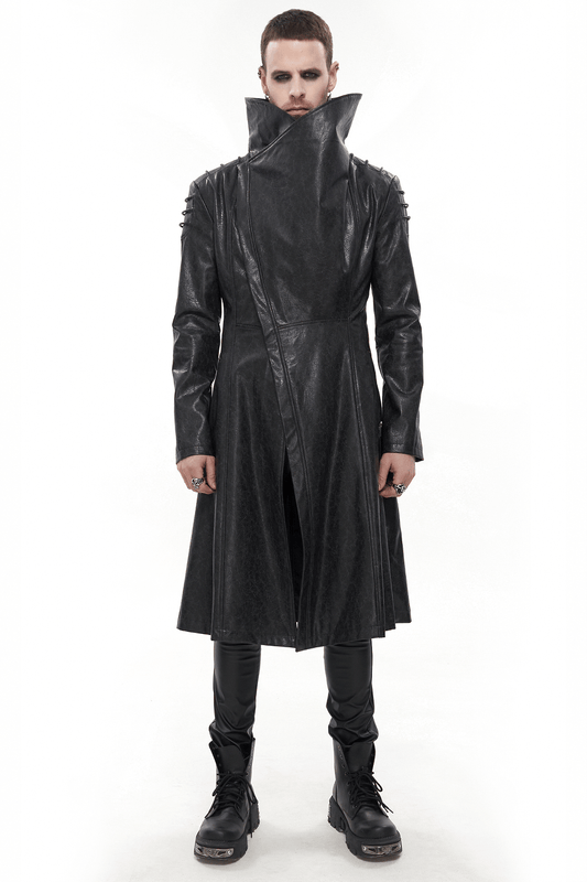 Gothic Stand Collar Long Coat for Men / Shoulders Strap Faux Leather Coat in Punk Style
