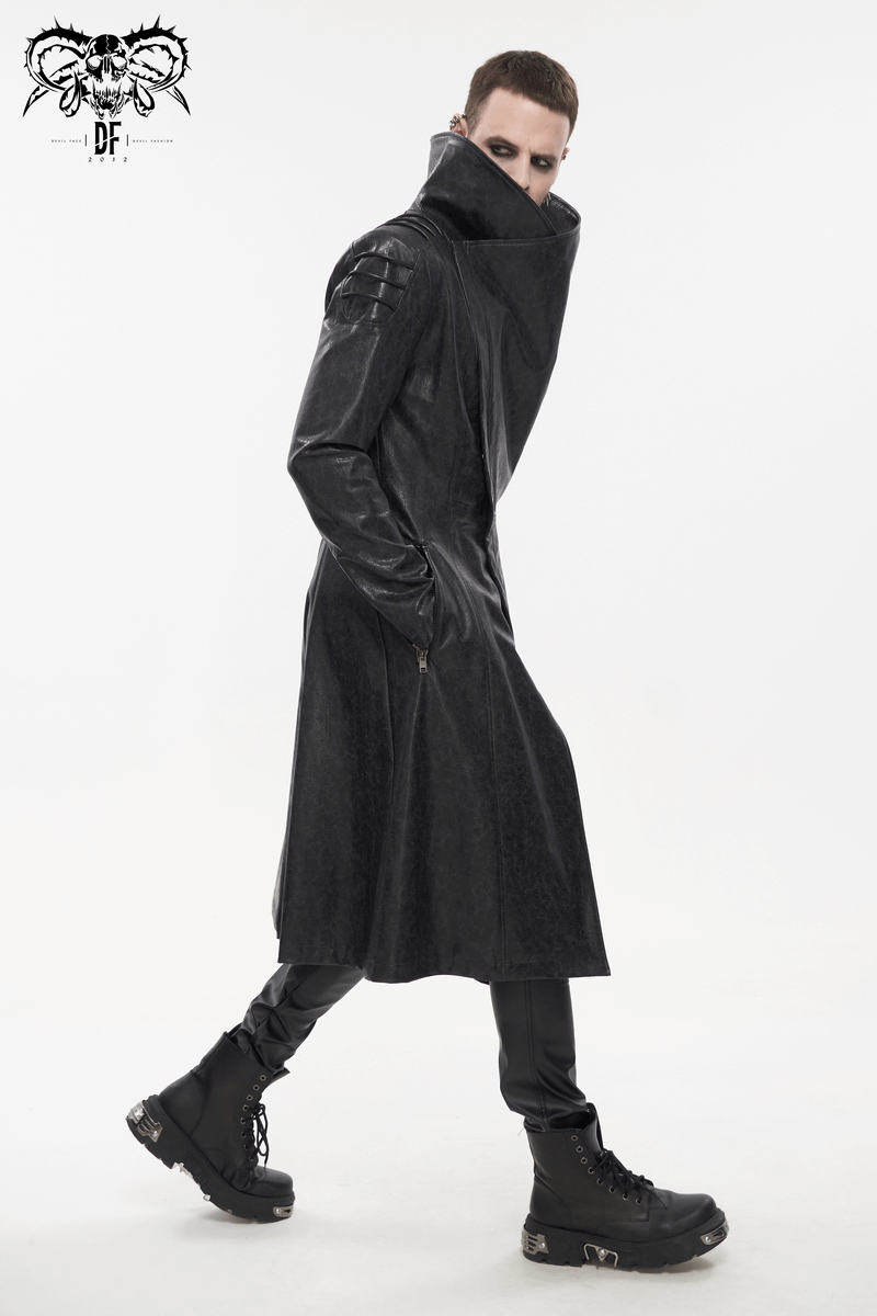 Gothic Stand Collar Long Coat for Men / Shoulders Strap Faux Leather Coat in Punk Style