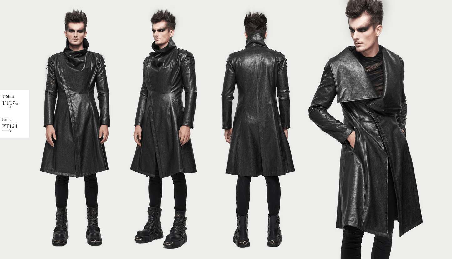 Gothic Stand Collar Long Coat for Men / Shoulders Strap Faux Leather Coat in Punk Style