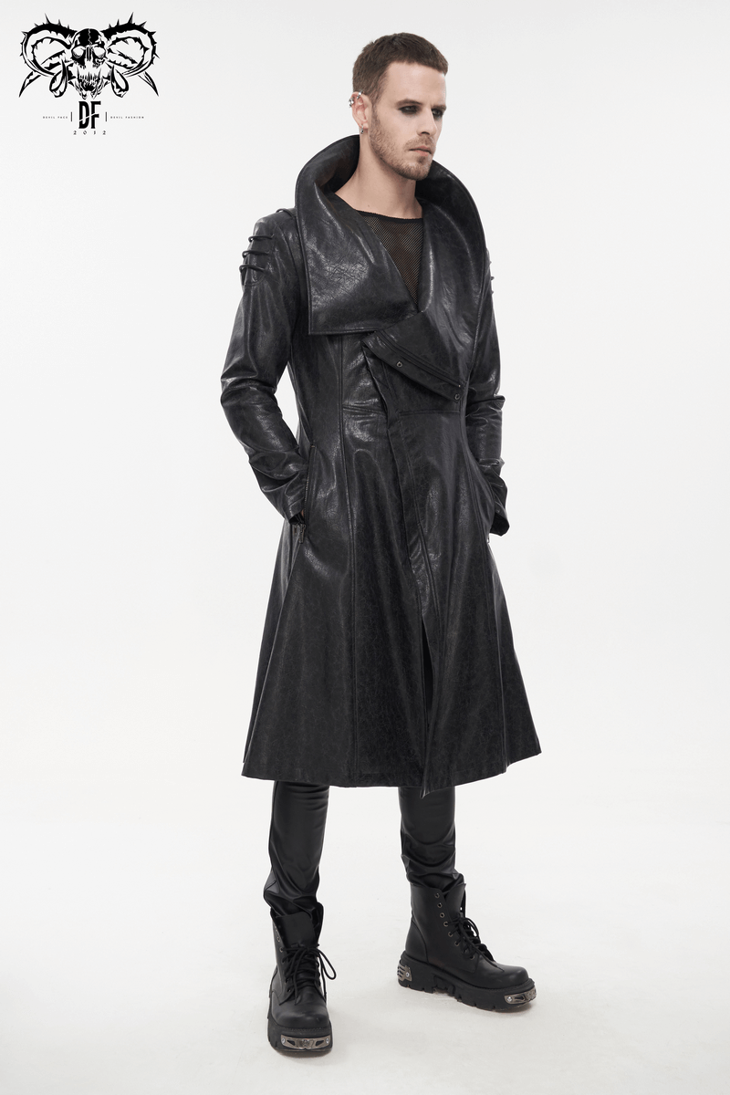 Gothic Stand Collar Long Coat for Men / Shoulders Strap Faux Leather Coat in Punk Style