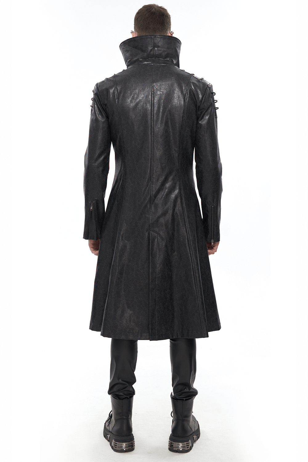 Gothic Stand Collar Long Coat for Men / Shoulders Strap Faux Leather Coat in Punk Style