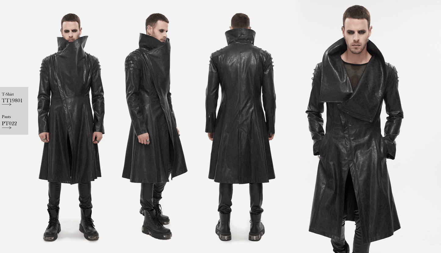 Gothic Stand Collar Long Coat for Men / Shoulders Strap Faux Leather Coat in Punk Style
