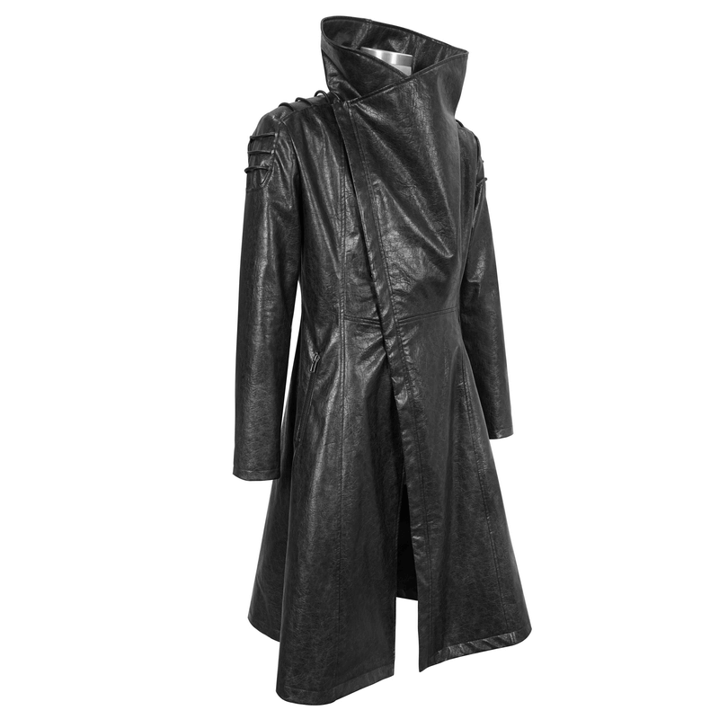Gothic Stand Collar Long Coat for Men / Shoulders Strap Faux Leather Coat in Punk Style