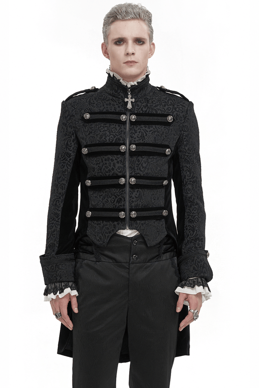 Gothic Stand Collar Patterned Tailcoat / Retro Buttons Black Coat for Men with Cross Pendant Zipper
