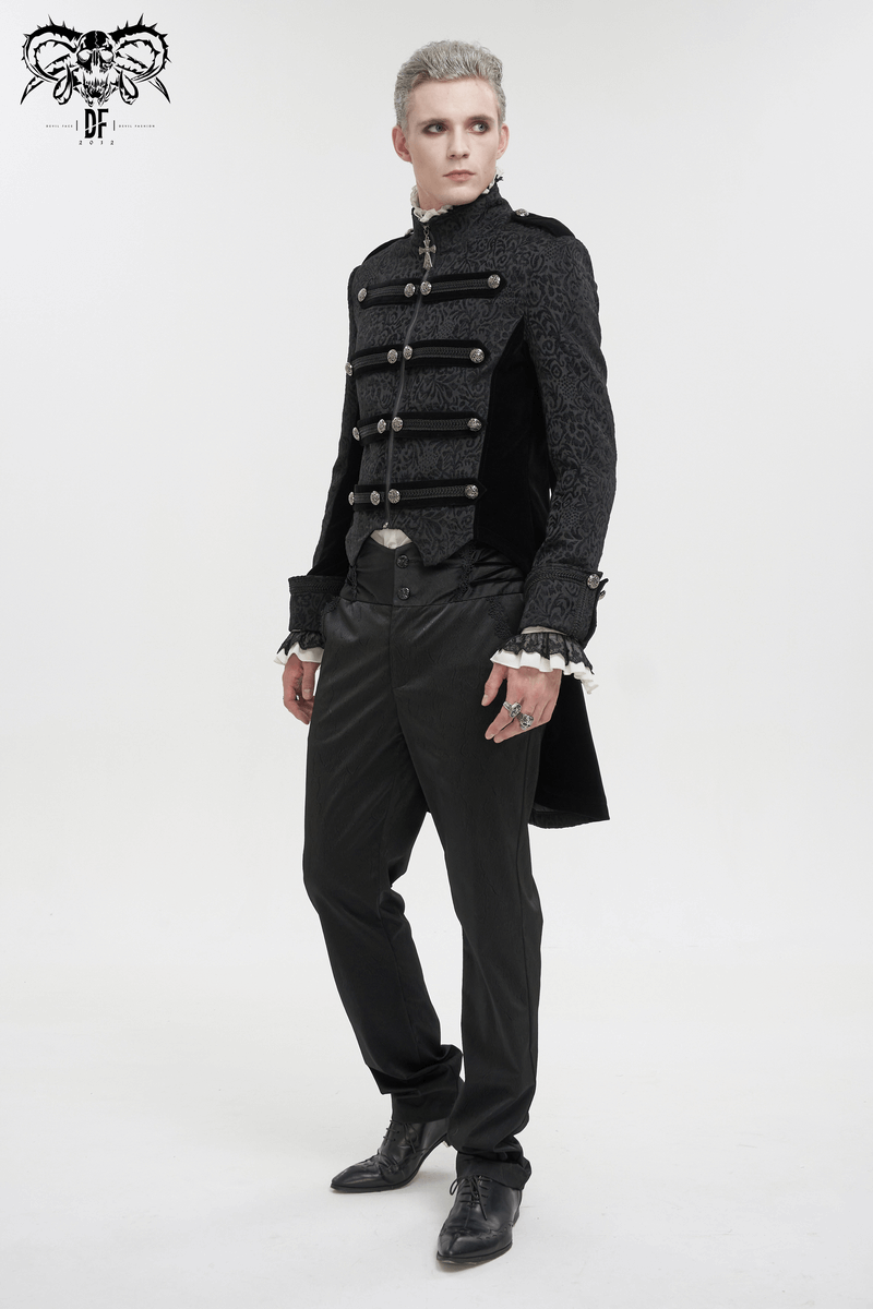 Gothic Stand Collar Patterned Tailcoat / Retro Buttons Black Coat for Men with Cross Pendant Zipper