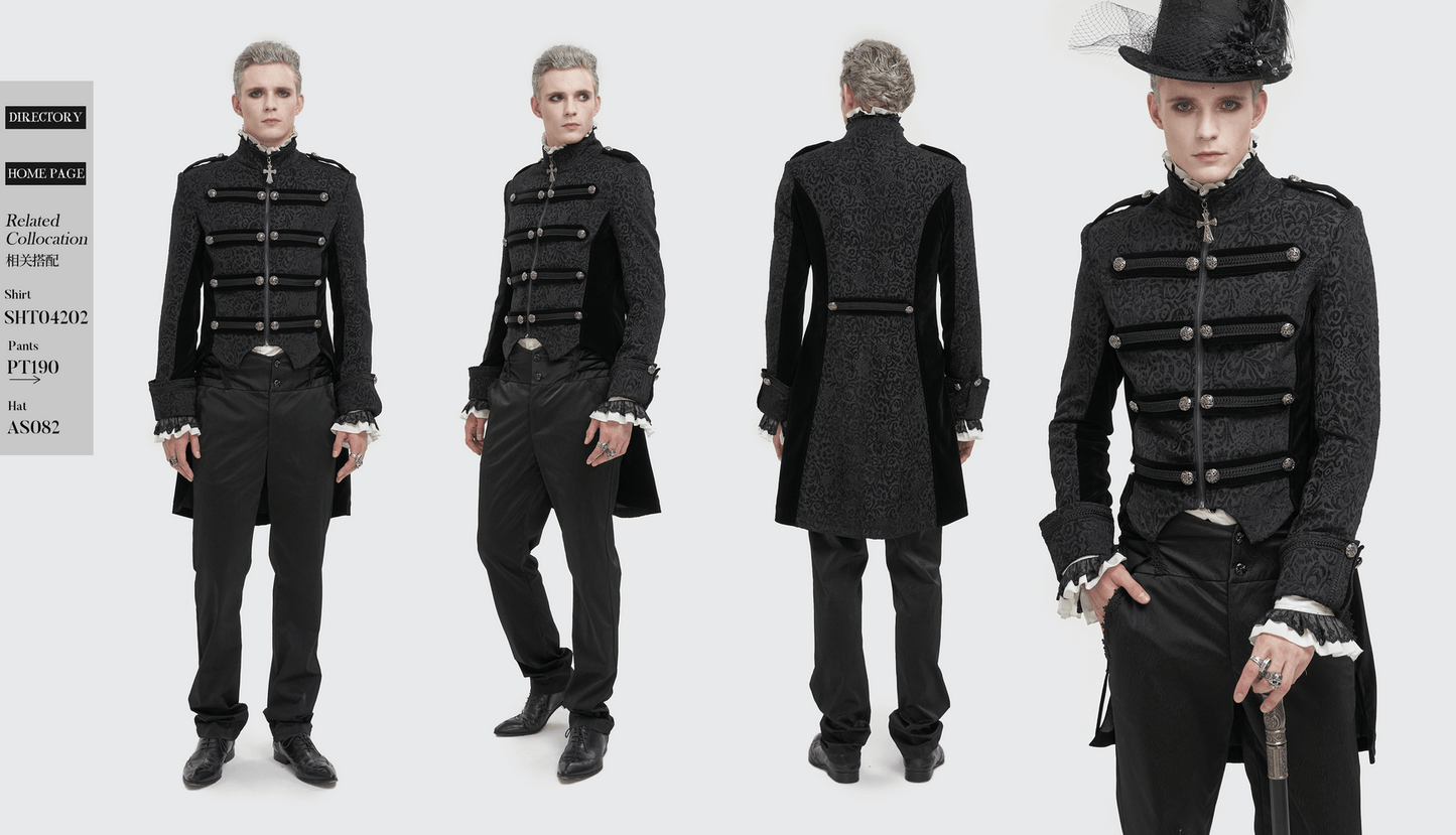 Gothic Stand Collar Patterned Tailcoat / Retro Buttons Black Coat for Men with Cross Pendant Zipper
