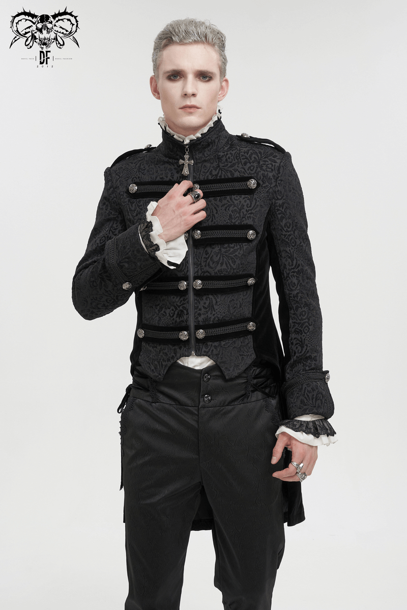 Gothic Stand Collar Patterned Tailcoat / Retro Buttons Black Coat for Men with Cross Pendant Zipper