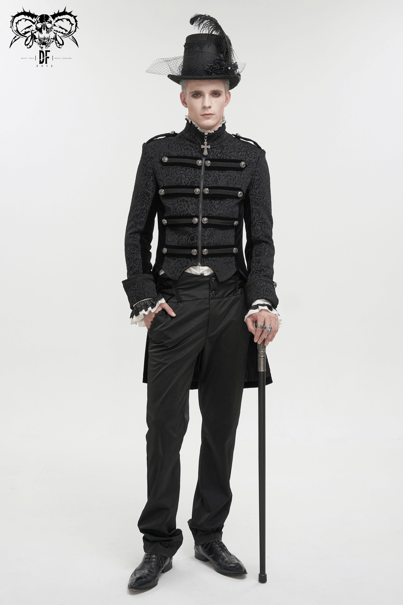 Gothic Stand Collar Patterned Tailcoat / Retro Buttons Black Coat for Men with Cross Pendant Zipper