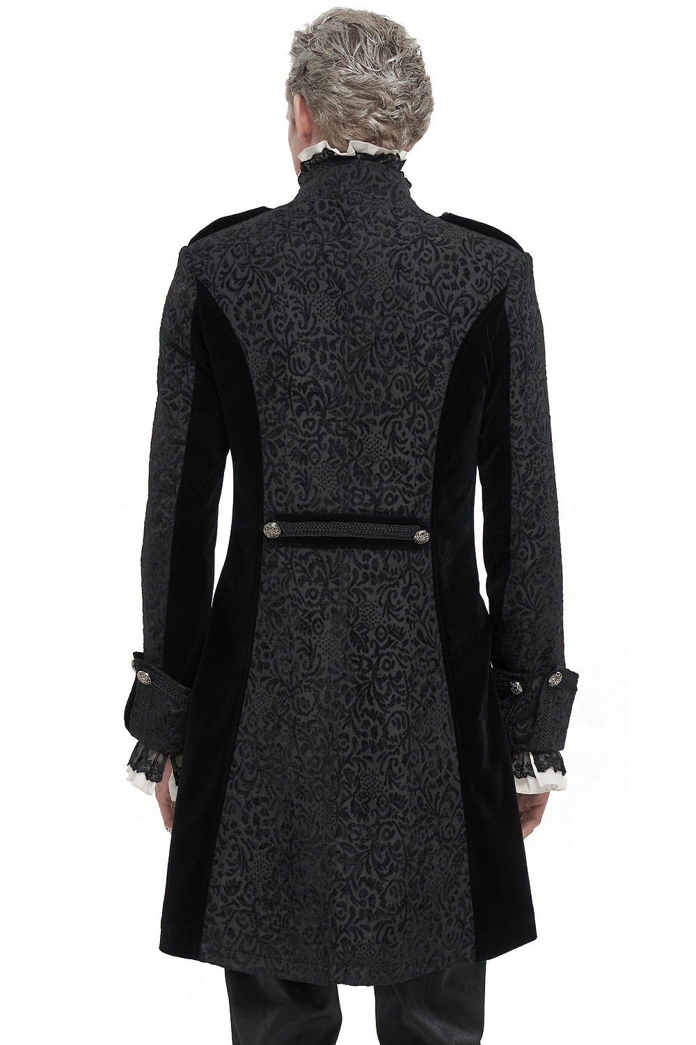 Gothic Stand Collar Patterned Tailcoat / Retro Buttons Black Coat for Men with Cross Pendant Zipper