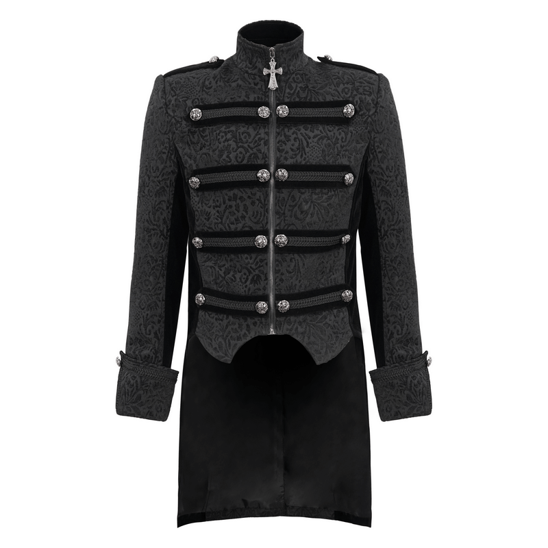 Gothic Stand Collar Patterned Tailcoat / Retro Buttons Black Coat for Men with Cross Pendant Zipper