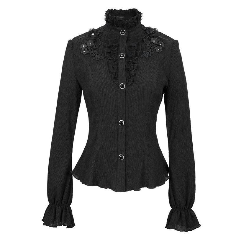 Gothic Stand Collar Shirts with Buttons / Women's Long Sleeves Appliqued Blouse
