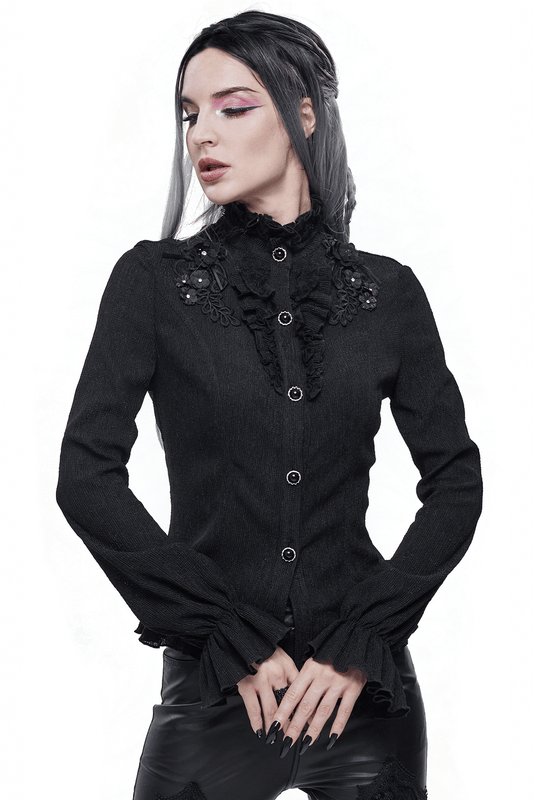 Gothic Stand Collar Shirts with Buttons / Women's Long Sleeves Appliqued Blouse