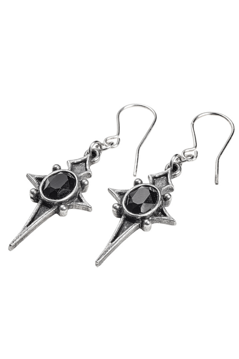 Gothic Star Cross Dropper Earrings with Black Crystal