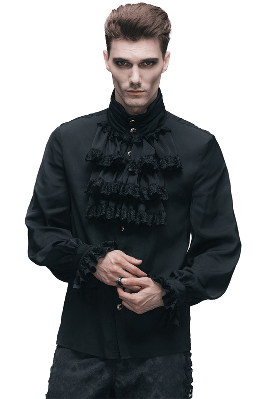 Gothic Steampunk Male Flounce Tie Shirt / Vintage Black Men's Long Sleeves Blouses