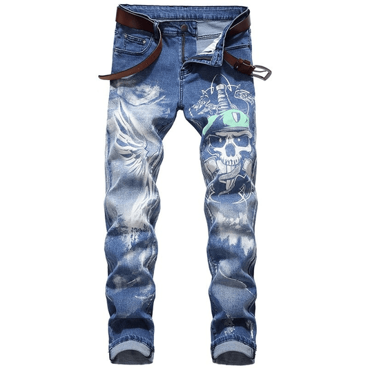Gothic Straight Colored 3D Printed Jeans / Men's Softener Blue Denim Pants
