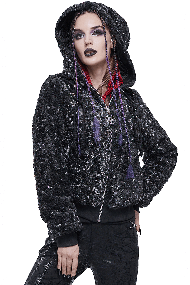 Gothic Strappy Splice Short Jacket with Hood / Women's Zipper Warm Jackets
