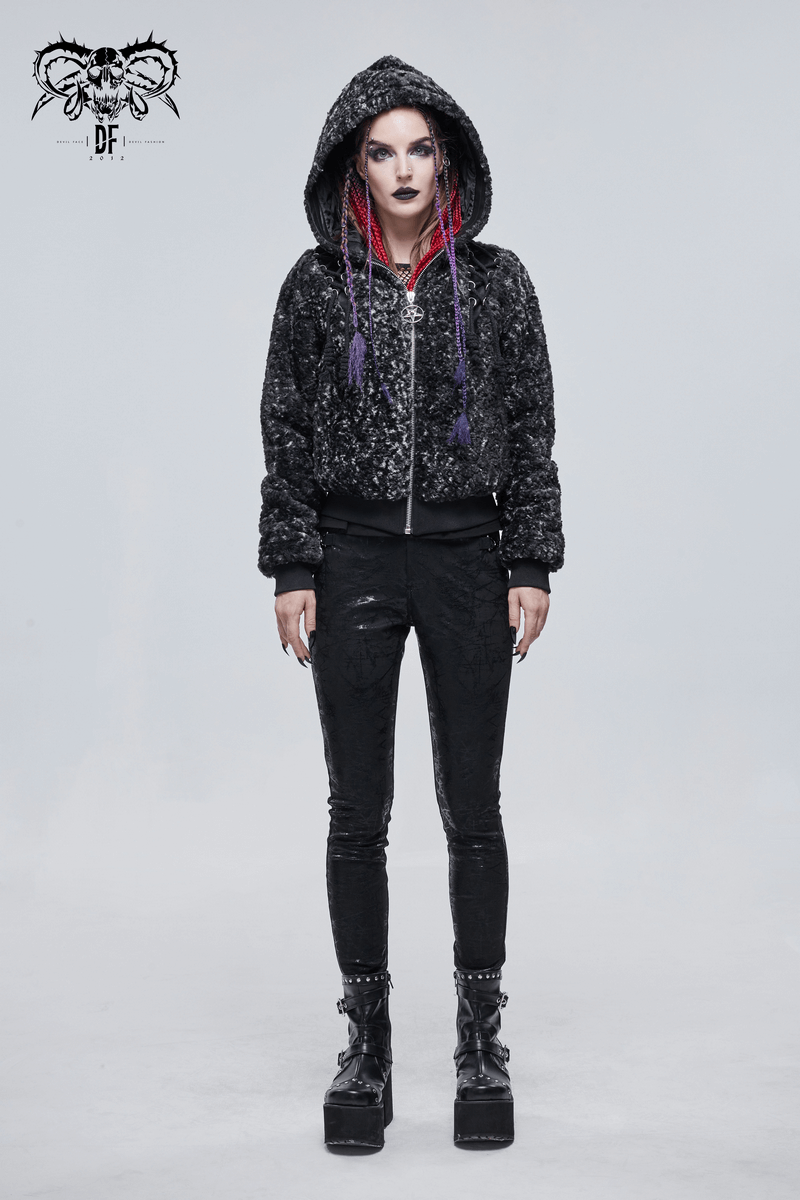 Gothic Strappy Splice Short Jacket with Hood / Women's Zipper Warm Jackets